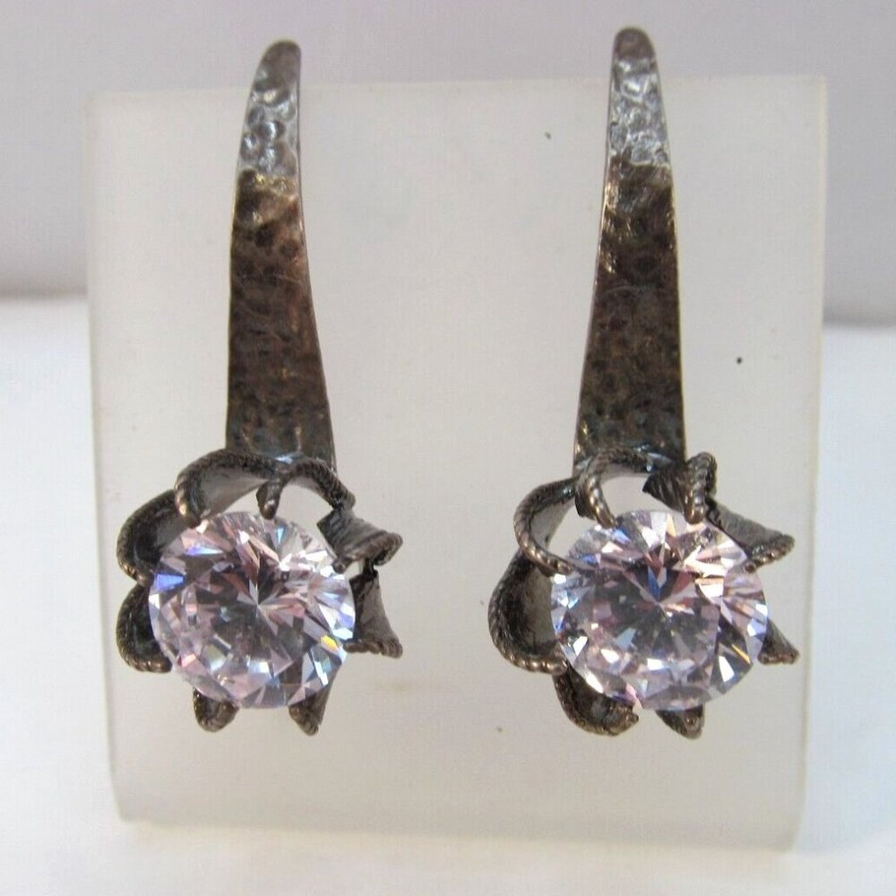 Cubic Zirconia Hammered Sterling Silver Pierced Earrings